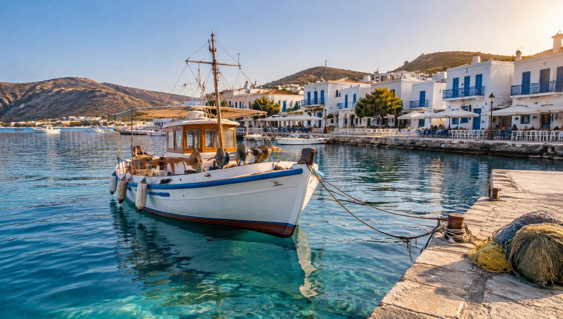 A traditional Greek fishing boat moored in a sunlit island harbour with clear blue water